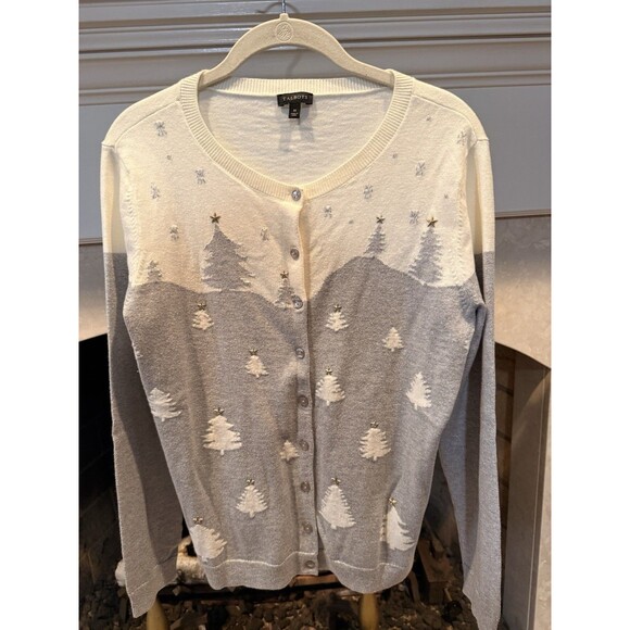 Talbots Sweaters - Women's Talbots Silver Ivory Christmas Tree Long Sleeve Button Front Cardigan M